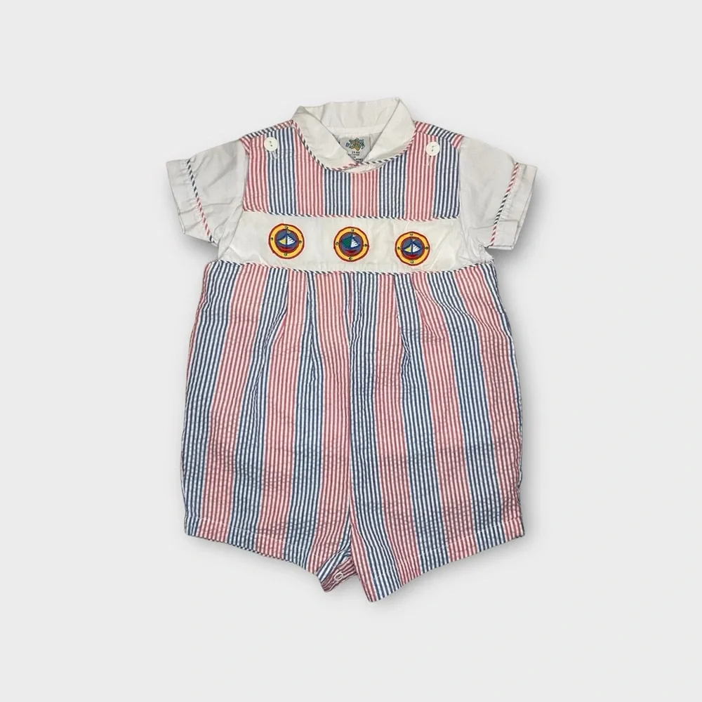 Cuties By Judy Vintage White Polo Top & Boat Patch Pinstripe Romper Outfit